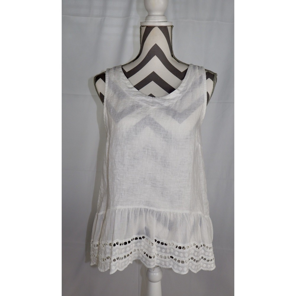 Valentina Naldi Italy White 100% Linen Eyelet Scallop Peplum Tank Top Medium